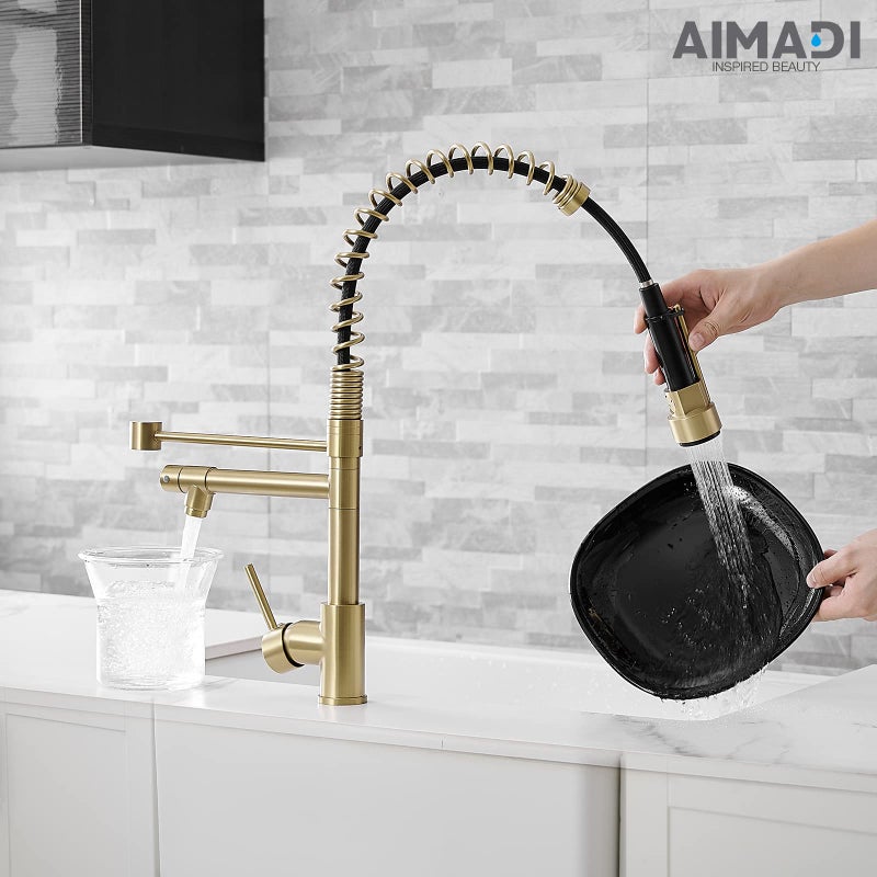 AIMADI Brushed Gold Kitchen Faucet with Pull Down Sprayer, AIMADI Commercial Gold Kitchen Sink Faucet Single Handle Spring Two Nozzles Faucets - Image 4