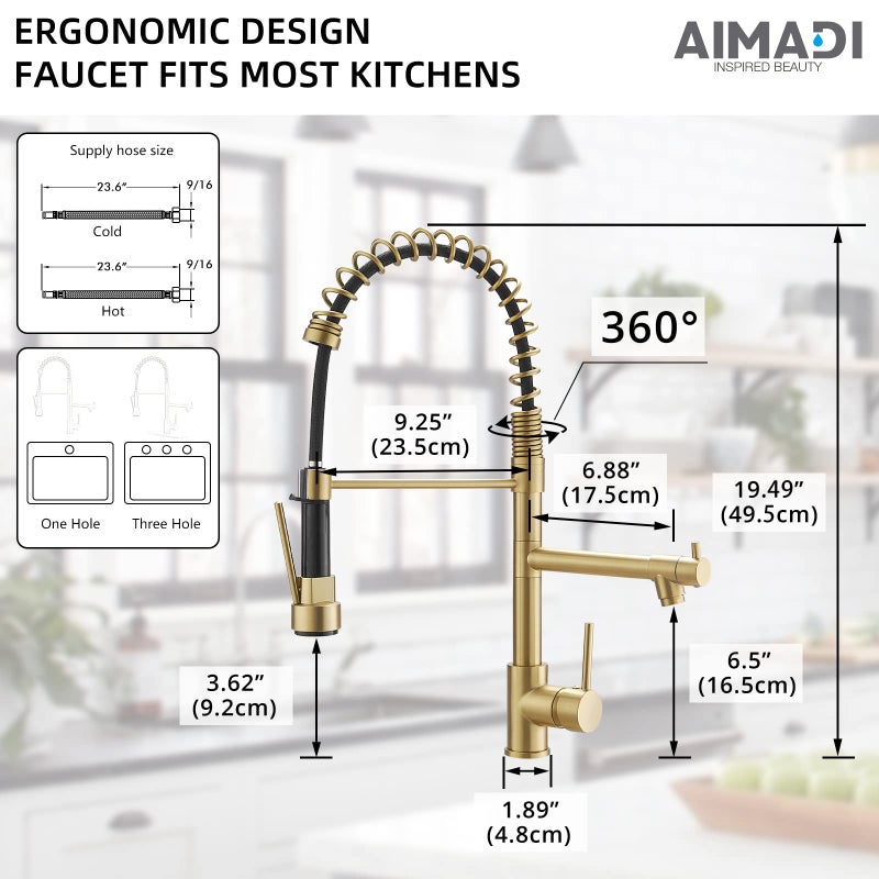 AIMADI Brushed Gold Kitchen Faucet with Pull Down Sprayer, AIMADI Commercial Gold Kitchen Sink Faucet Single Handle Spring Two Nozzles Faucets - Image 5
