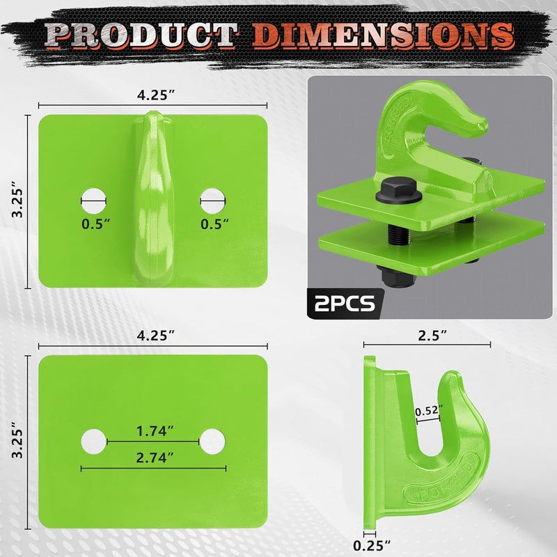 AMBULL Tractor Bucket Grab Hook Grade 70 Forged Steel Bolt On Grab Hook 3/8" Tow Hook Mount with Backer Plate, Work Well for Tractor Bucket, RV, UTV, Truck, Max 15,000 lbs, 2 Pack, Green - Image 2