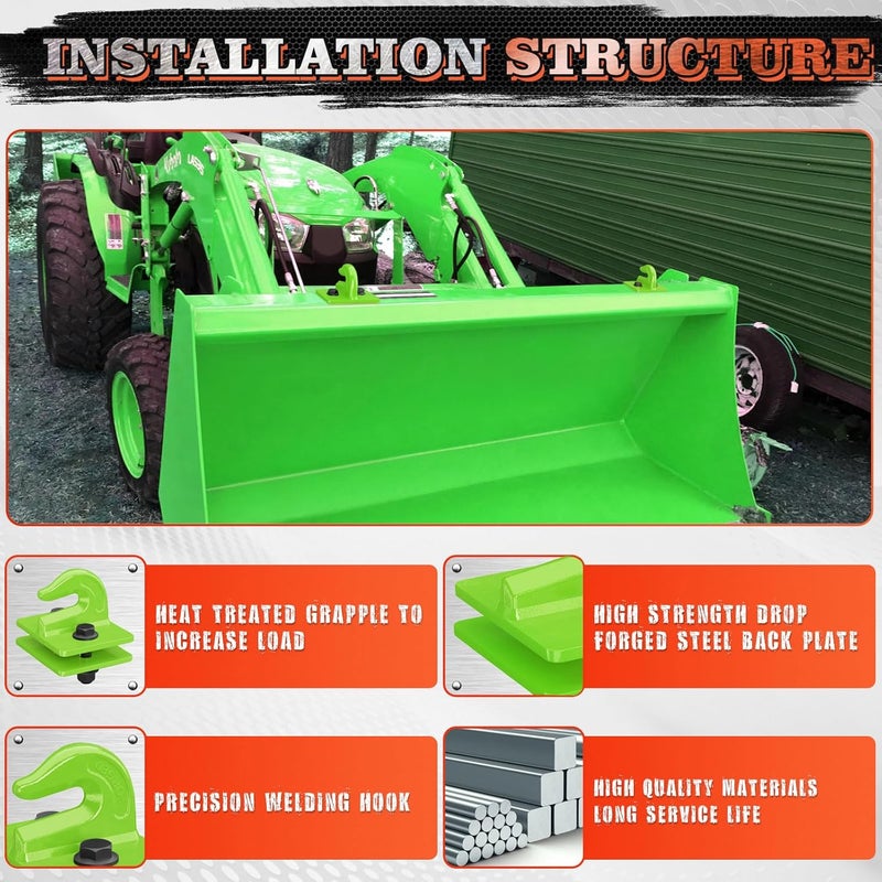 AMBULL Tractor Bucket Grab Hook Grade 70 Forged Steel Bolt On Grab Hook 3/8" Tow Hook Mount with Backer Plate, Work Well for Tractor Bucket, RV, UTV, Truck, Max 15,000 lbs, 2 Pack, Green - Image 3