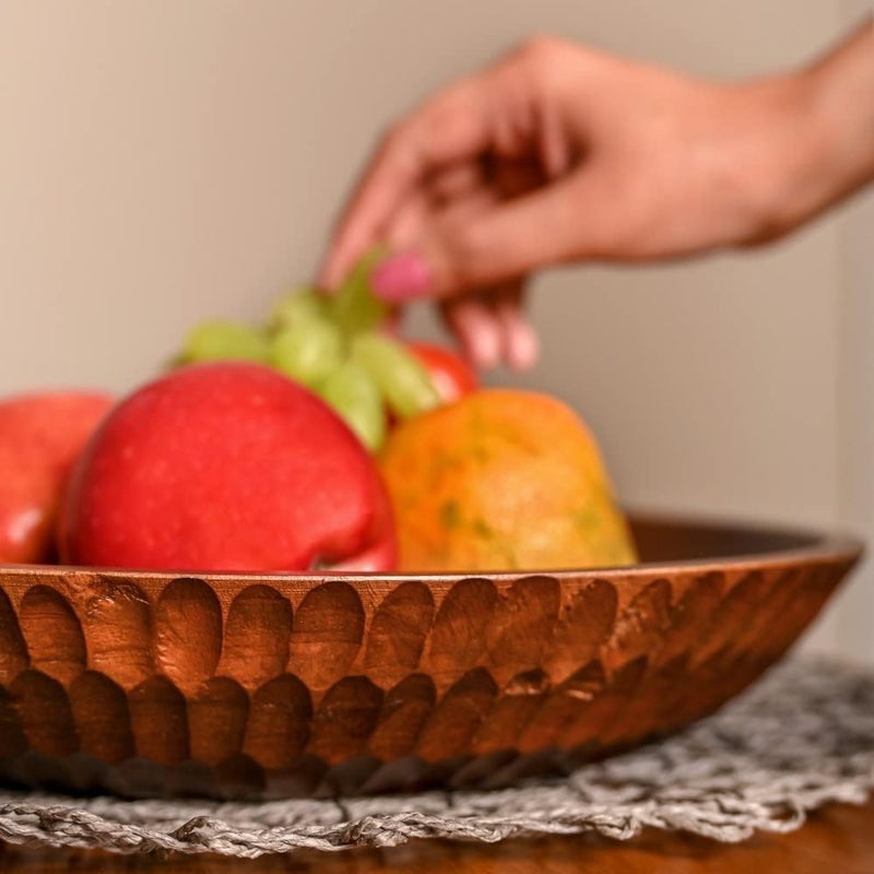 Brick Brown Premium HandCarved Solid Wood Carved Crust Flat Bowl  Fruit Basket  Dining Accessories  Pasta Platter 12x12x2 Brown  - Image 2