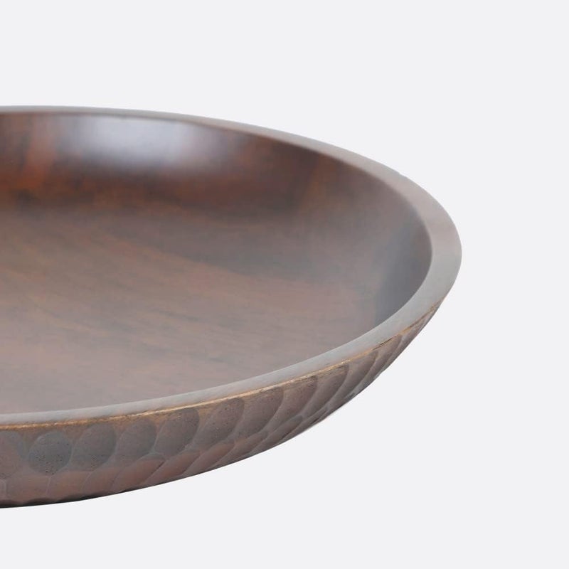 Brick Brown Premium HandCarved Solid Wood Carved Crust Flat Bowl  Fruit Basket  Dining Accessories  Pasta Platter 12x12x2 Brown  - Image 4