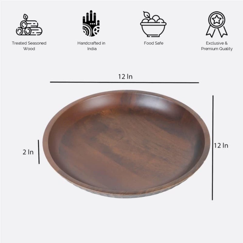 Brick Brown Premium HandCarved Solid Wood Carved Crust Flat Bowl  Fruit Basket  Dining Accessories  Pasta Platter 12x12x2 Brown  - Image 5