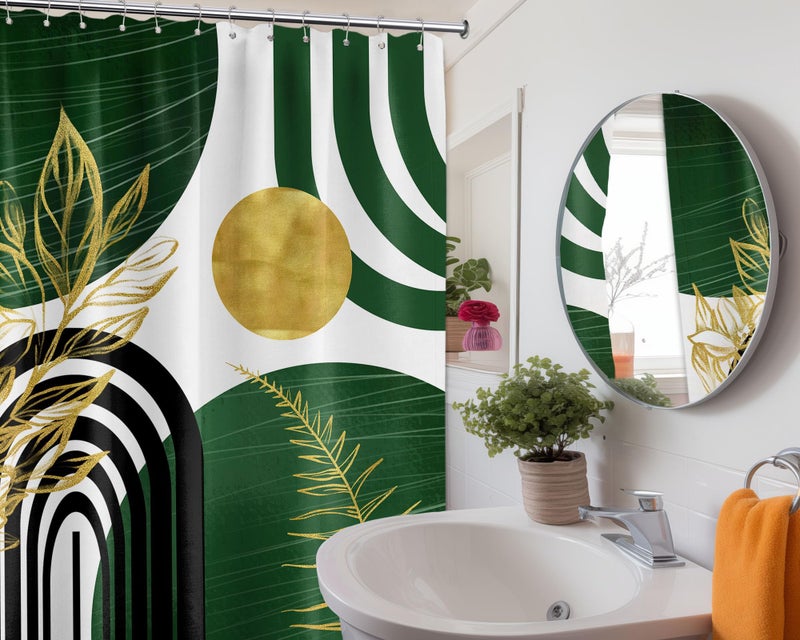 QGHOT Olive Green and Gold Shower Curtain Boho Mid Century Modern Hunter Green Shower Curtains for Bathroom Decor Sets, Waterproof Cloth Fabric with Hooks 70x72in - Image 3