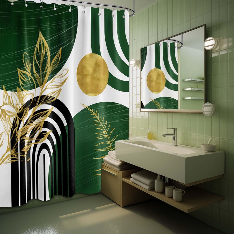 QGHOT Olive Green and Gold Shower Curtain Boho Mid Century Modern Hunter Green Shower Curtains for Bathroom Decor Sets, Waterproof Cloth Fabric with Hooks 70x72in - Image 2