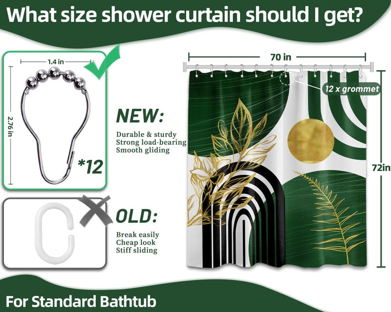 QGHOT Olive Green and Gold Shower Curtain Boho Mid Century Modern Hunter Green Shower Curtains for Bathroom Decor Sets, Waterproof Cloth Fabric with Hooks 70x72in - Image 4