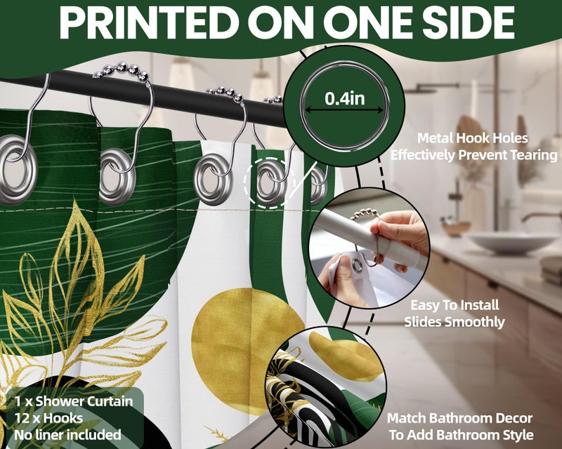 QGHOT Olive Green and Gold Shower Curtain Boho Mid Century Modern Hunter Green Shower Curtains for Bathroom Decor Sets, Waterproof Cloth Fabric with Hooks 70x72in - Image 5