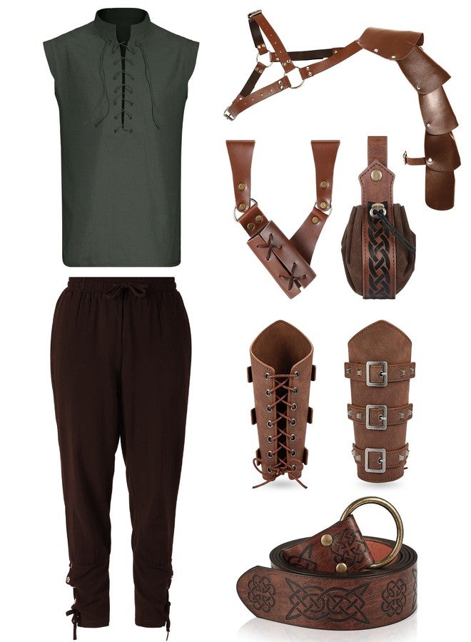 ShinyMatch 7 Pcs Men's Renaissance Costume Set Shirt Pants Belt Shoulder Armor Pouch Bracer Sword Bag for Halloween(Green, Brown, Medium) - Image 1