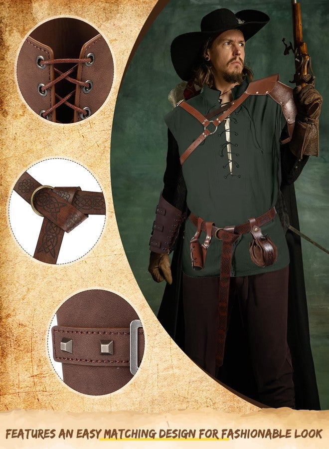 ShinyMatch 7 Pcs Men's Renaissance Costume Set Shirt Pants Belt Shoulder Armor Pouch Bracer Sword Bag for Halloween(Green, Brown, Medium) - Image 5