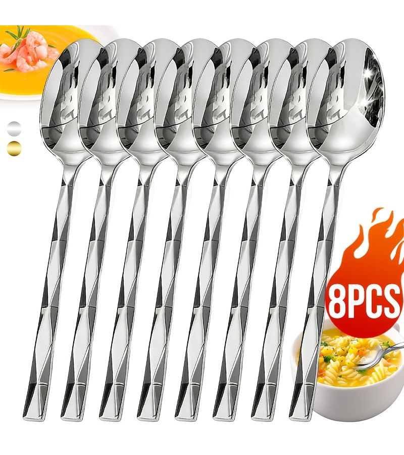 Elegant Silvery 8 Piece Heavy Duty Stainless Steel Dinner Spoons Dishwasher Safe - Image 1