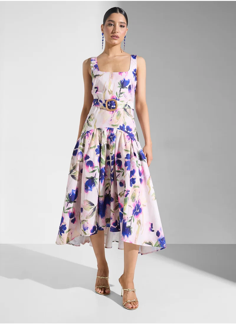 هوب اند ايفي Square Neck Drop Hem Waist Belt Dress