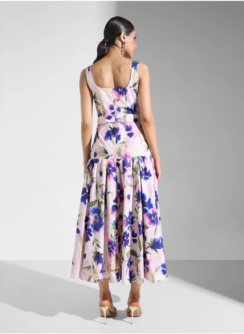 هوب اند ايفي Square Neck Drop Hem Waist Belt Dress
