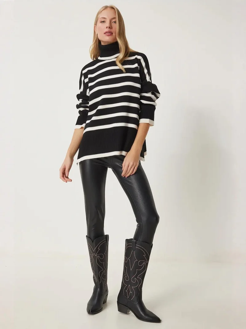 إسطنبول الساحرة كنزة بياقة عالية مخططة كبيرة الحجم من إسطنبول