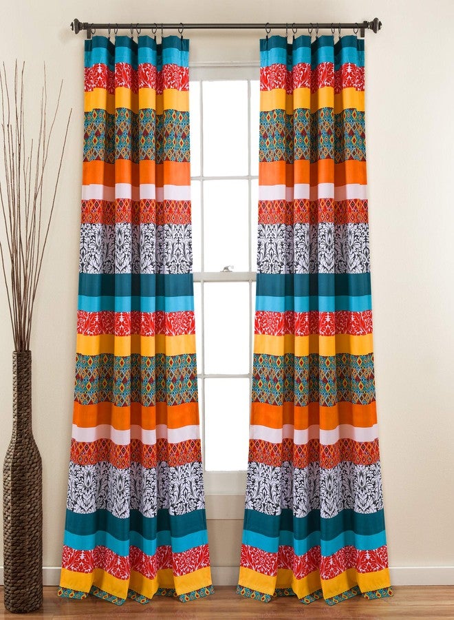 Lush Decor Boho Stripe Window Curtain Bohemian Geomatric Floral Design Panel Pair, 52" W x 84" L, Turquoise & Tangerine - Image 1
