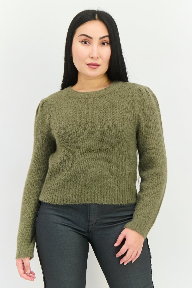 ONLY Women Crew Neck Cable Knit Long Sleeve Sweater, Olive - Image 1