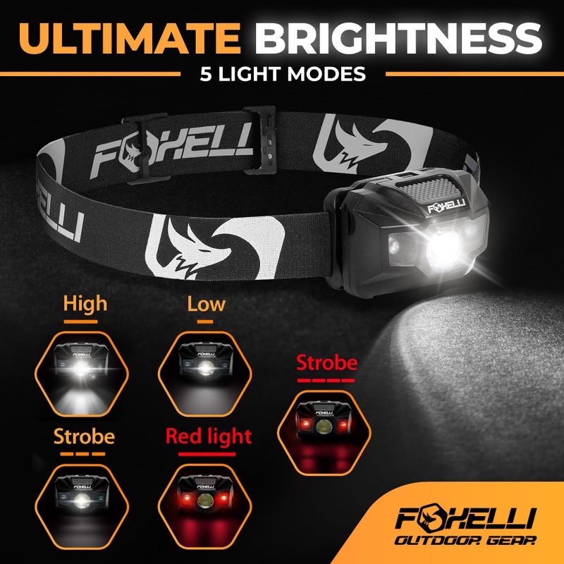 Foxelli مصباح رأس LED قابل لإعادة الشحن من فوكسلي - خفيف الوزن، مقاوم للماء، وقابل لإعادة الشحن عبر USB مع ضوء أحمر للجري، التخييم، المشي في الطبيعة والأنشطة الخارجية - Image 2