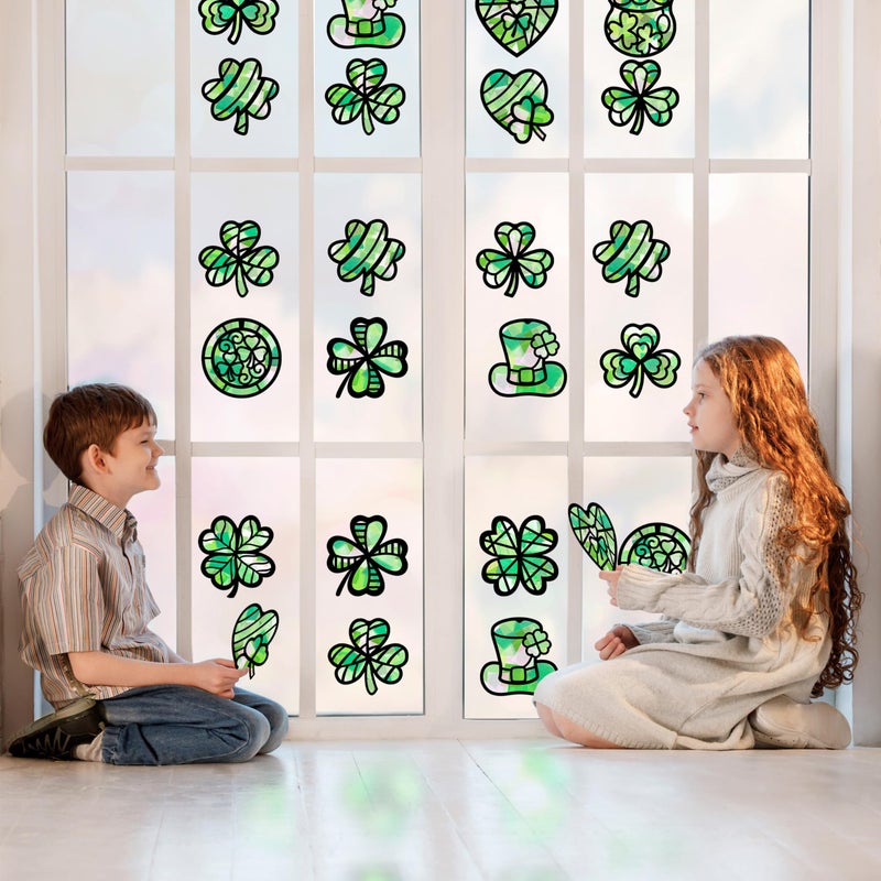 Renbuzhu 40PCS St. Patricks Day Crafts Bulk: Paper Shamrock Suncatchers, Saint Patrick's DIY Kits, Window Stained Glass Effect Art Supplies - Image 3