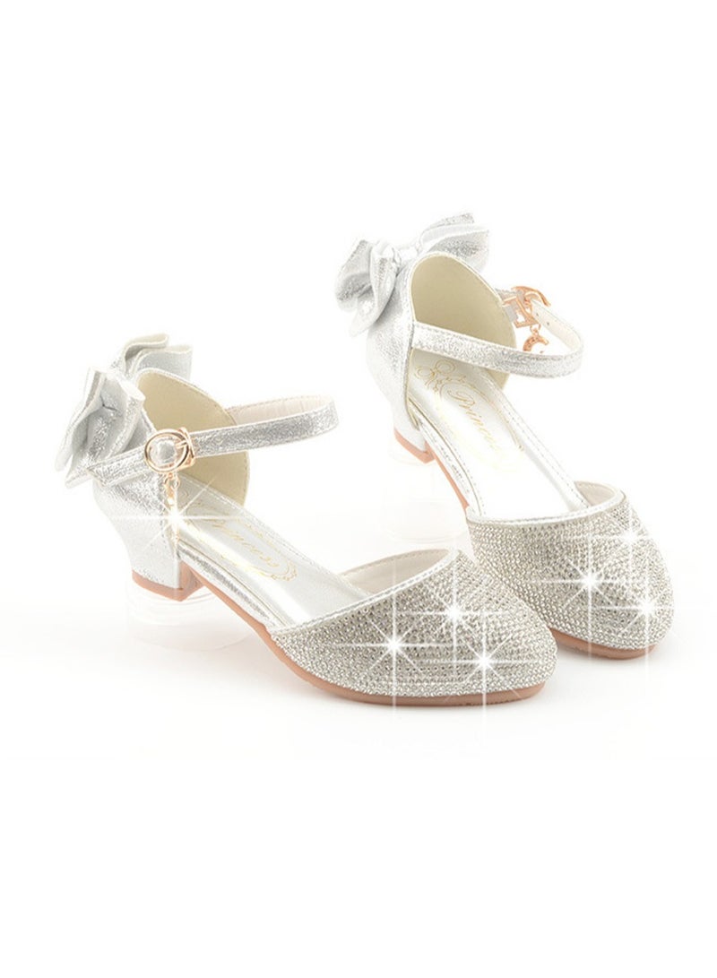 Girls baby bow crystal shoes new children's high heels stage performance shoes