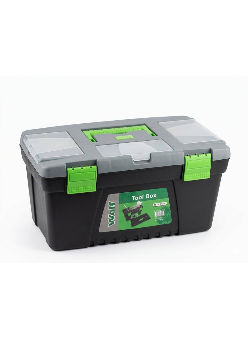 Wulf 16-Inch Heavy Duty Plastic Tool Box with Removable Organizer Tray Multi-Compartment Hardware Storage Case with Secure Latches Comfort Grip Handle for Tools Accessories DIY - Image 3