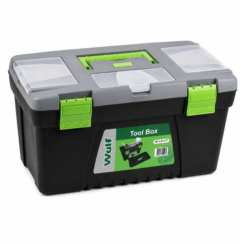 Wulf 16-Inch Heavy Duty Plastic Tool Box with Removable Organizer Tray Multi-Compartment Hardware Storage Case with Secure Latches Comfort Grip Handle for Tools Accessories DIY - Image 1