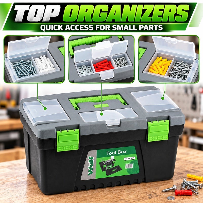 Wulf 16-Inch Heavy Duty Plastic Tool Box with Removable Organizer Tray Multi-Compartment Hardware Storage Case with Secure Latches Comfort Grip Handle for Tools Accessories DIY - Image 4