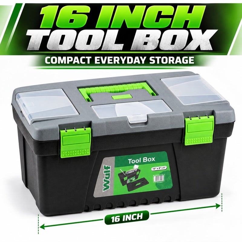 Wulf 16-Inch Heavy Duty Plastic Tool Box with Removable Organizer Tray Multi-Compartment Hardware Storage Case with Secure Latches Comfort Grip Handle for Tools Accessories DIY - Image 2