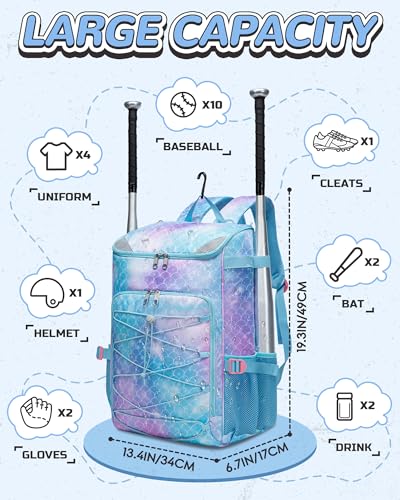 FOKDUVB Baseball Softball Equipment Bag for Boys Girls Ages 8-12 10-12 12-14 Large Kids Youth Bat Bag Backpack with Ventilated Shoe Compartment Baseball Softball Stuff Supplies (Light Blue, Mermaid) - Image 2