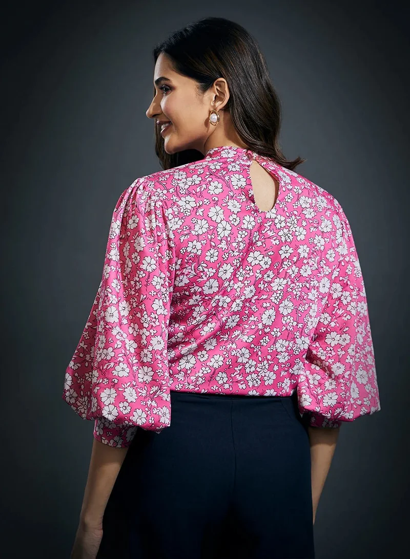 Zigzag Puffed Long Sleeve Satin Top-Pink