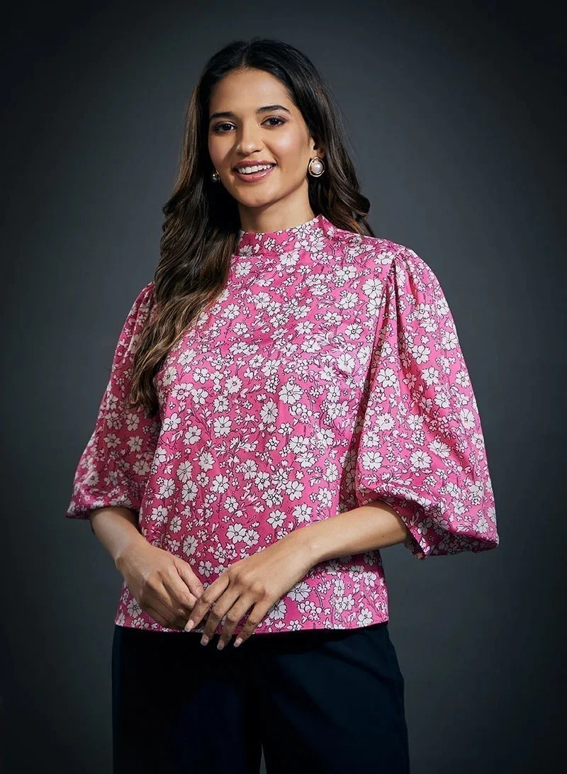 Zigzag Puffed Long Sleeve Satin Top-Pink