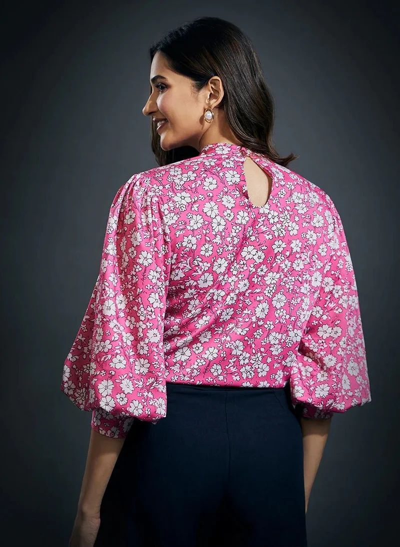 Zigzag  Puffed Long Sleeve Satin Top-Pink for Women | Best Price UAE