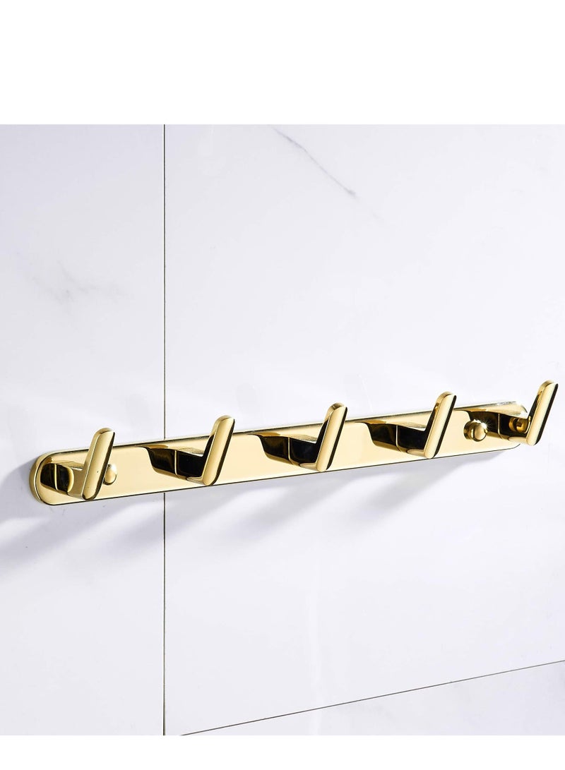 5-Hook Coat Rack Rail Gold Polished Bathroom Towel Shelf Kitchen Hook Robe Hanger With 5 Fixed Hooks Solid Hand towel Space Saving Towels Holder Heavy Duty Wall Mount Stainless Steel - Image 1