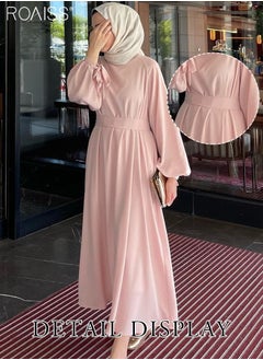 roaiss Abaya Style Solid Color Satin Dress Women'S Fashion Versatile Waist Daily Commuting Long-Sleeve Long Skirt  - Image 2