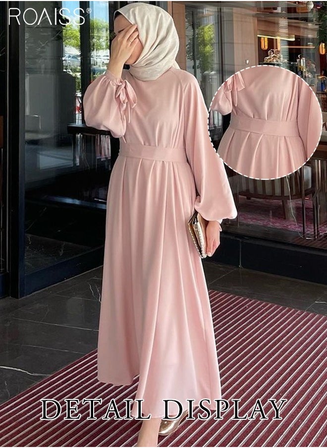 roaiss Abaya Style Solid Color Satin Dress Women'S Fashion Versatile Waist Daily Commuting Long-Sleeve Long Skirt  - Image 2