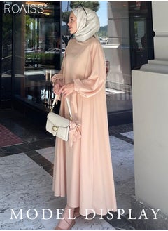 roaiss Abaya Style Solid Color Satin Dress Women'S Fashion Versatile Waist Daily Commuting Long-Sleeve Long Skirt  - Image 4
