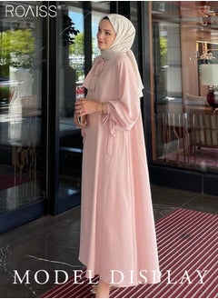 roaiss Abaya Style Solid Color Satin Dress Women'S Fashion Versatile Waist Daily Commuting Long-Sleeve Long Skirt  - Image 1