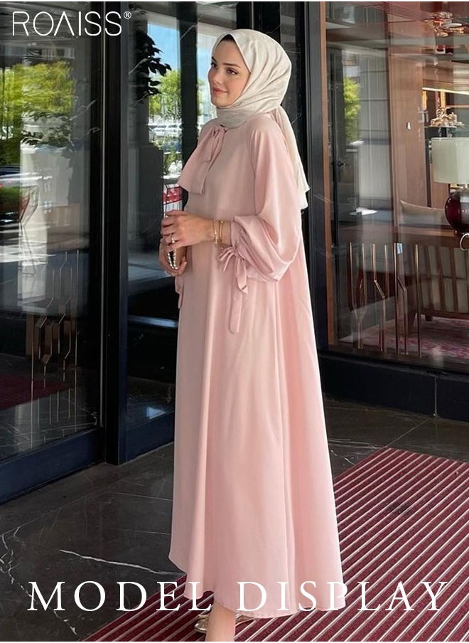roaiss Abaya Style Solid Color Satin Dress Women'S Fashion Versatile Waist Daily Commuting Long-Sleeve Long Skirt  - Image 1