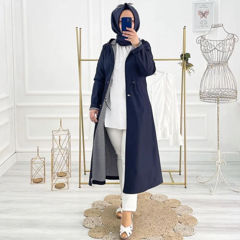 Vibeys Collection Navy Blue Striped and Self-Lined Waterproof Women's Trench Coat