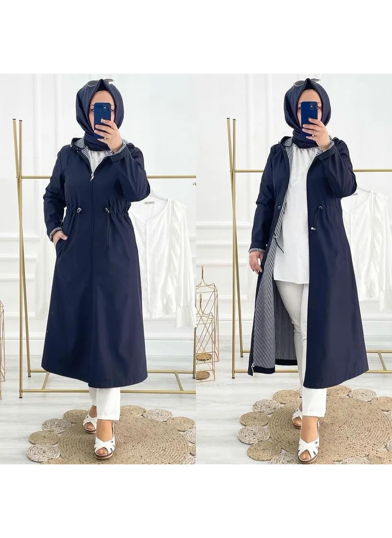 Vibeys Collection Navy Blue Striped and Self-Lined Waterproof Women's Trench Coat