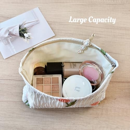 STARDW Aesthetic Floral Makeup Bag Cute Small Cosmetic Bags for Women Girls, Travel Toiletry Bag Large Capacity Zipper Makeup Pouch, Purse Organizer Pouches (Tulip White) - Image 5