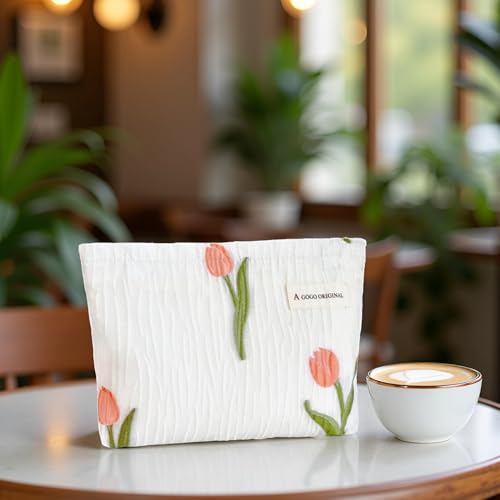STARDW Aesthetic Floral Makeup Bag Cute Small Cosmetic Bags for Women Girls, Travel Toiletry Bag Large Capacity Zipper Makeup Pouch, Purse Organizer Pouches (Tulip White) - Image 2