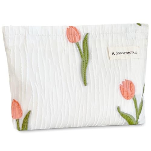 STARDW Aesthetic Floral Makeup Bag Cute Small Cosmetic Bags for Women Girls, Travel Toiletry Bag Large Capacity Zipper Makeup Pouch, Purse Organizer Pouches (Tulip White) - Image 1