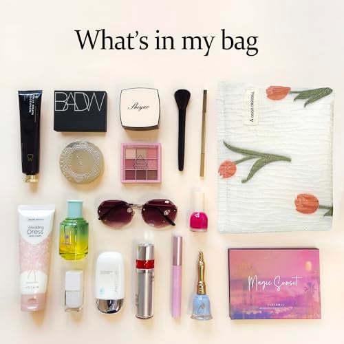 STARDW Aesthetic Floral Makeup Bag Cute Small Cosmetic Bags for Women Girls, Travel Toiletry Bag Large Capacity Zipper Makeup Pouch, Purse Organizer Pouches (Tulip White) - Image 4