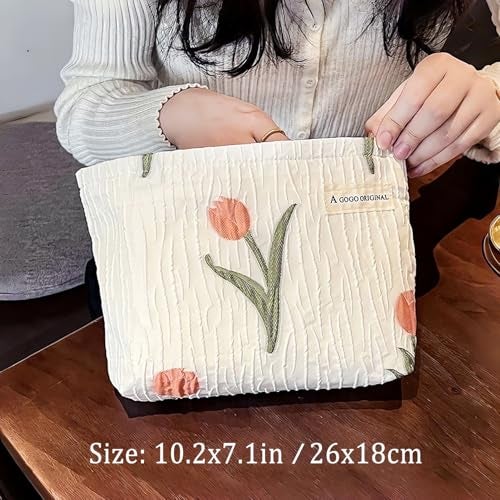 STARDW Aesthetic Floral Makeup Bag Cute Small Cosmetic Bags for Women Girls, Travel Toiletry Bag Large Capacity Zipper Makeup Pouch, Purse Organizer Pouches (Tulip White) - Image 3