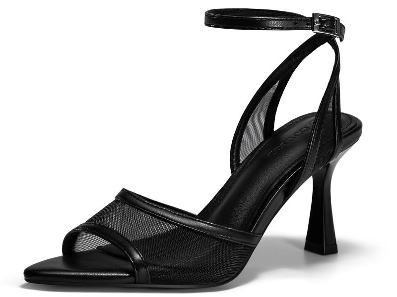 Coutgo Womens Mesh Kitten Heels Sandals Pointed Open Toe Ankle Buckle Strap Summer Dress Shoes, Black, size 7.5 - Image 1