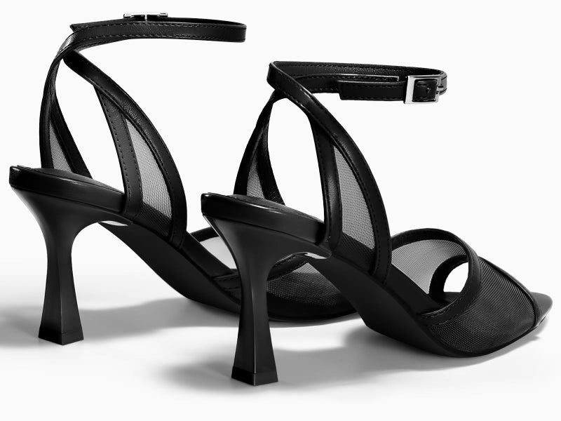 Coutgo Womens Mesh Kitten Heels Sandals Pointed Open Toe Ankle Buckle Strap Summer Dress Shoes, Black, size 7.5 - Image 5