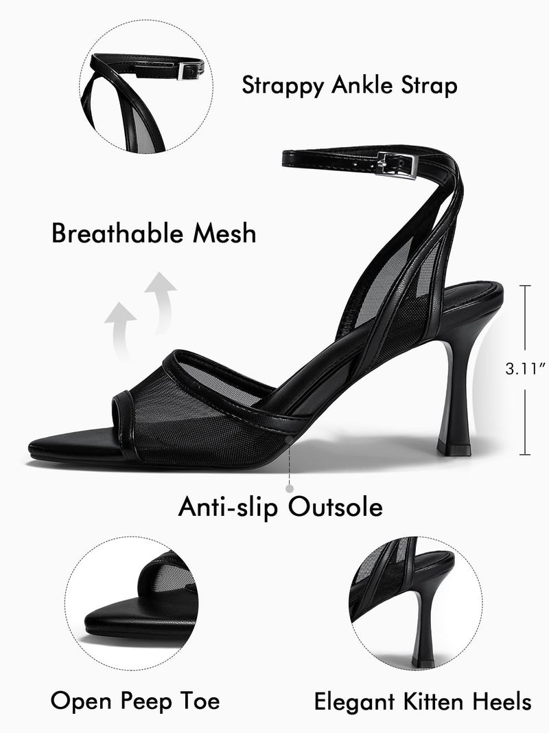 Coutgo Womens Mesh Kitten Heels Sandals Pointed Open Toe Ankle Buckle Strap Summer Dress Shoes, Black, size 7.5 - Image 4
