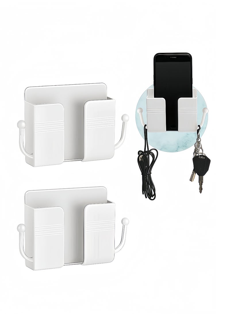 Peachjoy 2 Pcs Wall Mount Phone Holder Self-Adhesive Wall Beside Organizer Storage Box Plastic Charging Phone Stand Remote Brackets Holder for Bedroom (White) 