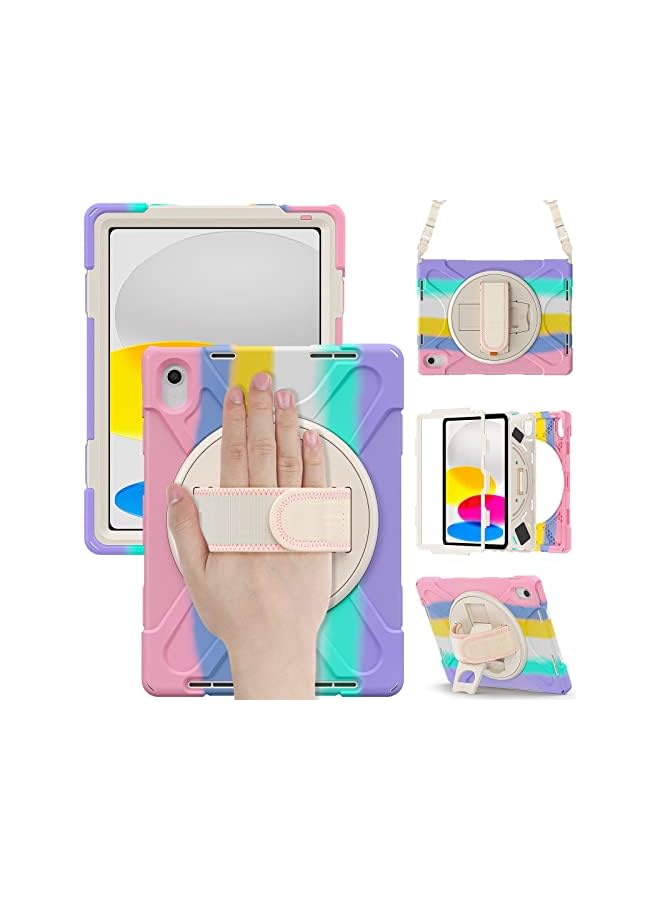 PROMASS Tablet Pc Case For Ipad 10Th Generation 10.9 Inch 2022, Kids Full Body Shockproof Tablet Cover With Hand Strap/Shoulder Strap Rotating Kickstand (Colourful Pink) - Image 2