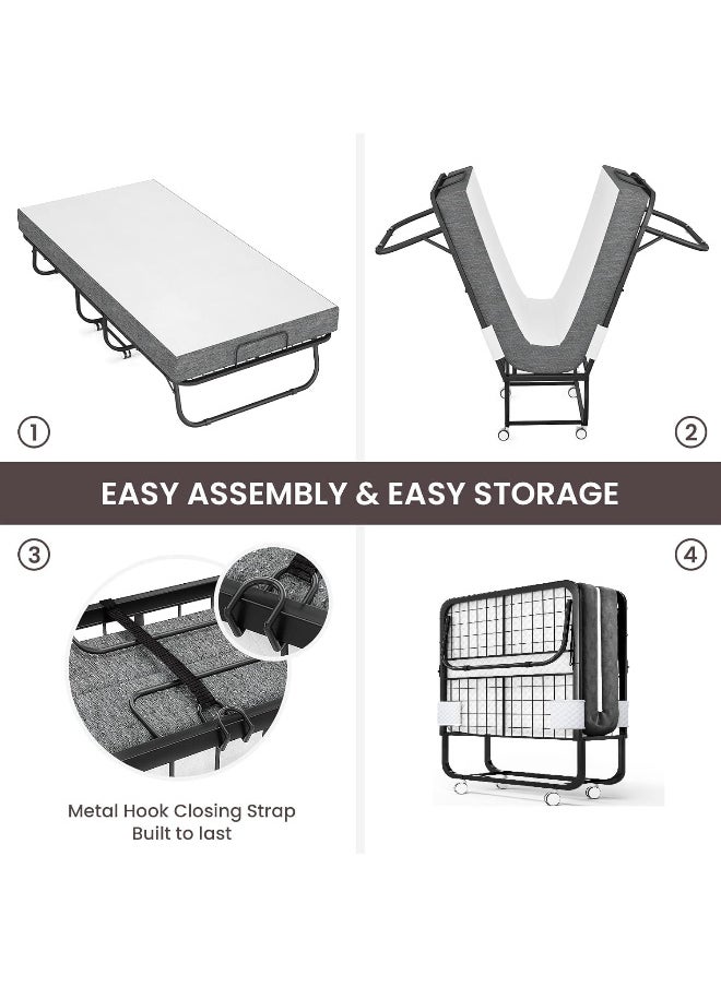 Portable Foldable Beds Strong Sturdy Frame Folding Bed 190 x 80cm with Memory Foam Mattress Rollaway Beds for Home and Office