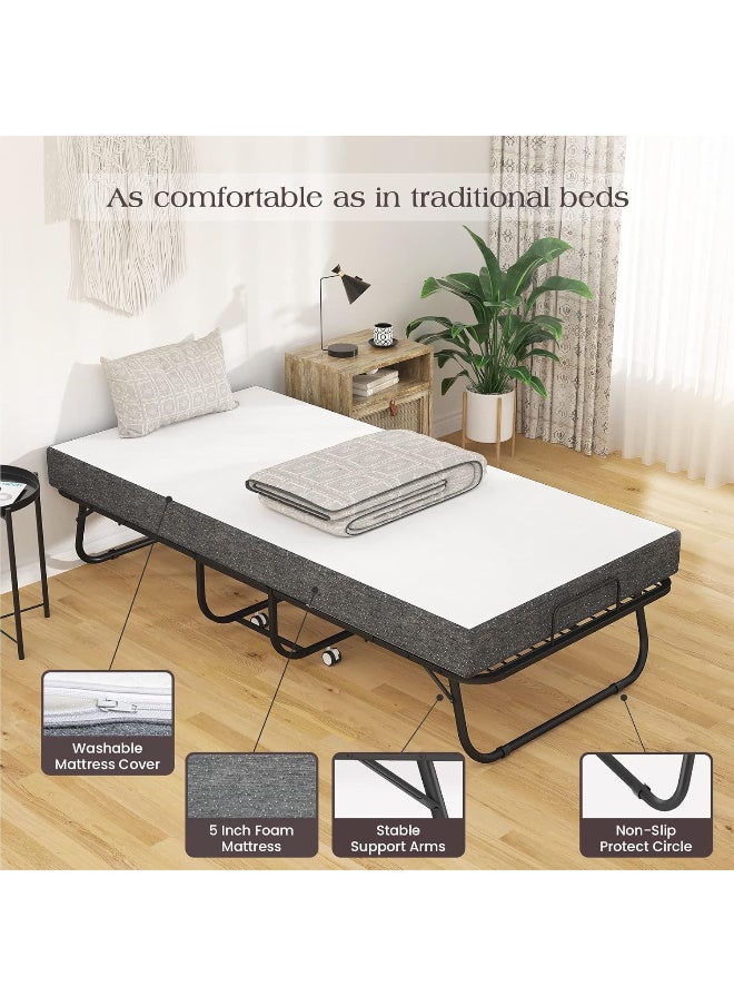 Portable Foldable Beds Strong Sturdy Frame Folding Bed 190 x 80cm with Memory Foam Mattress Rollaway Beds for Home and Office